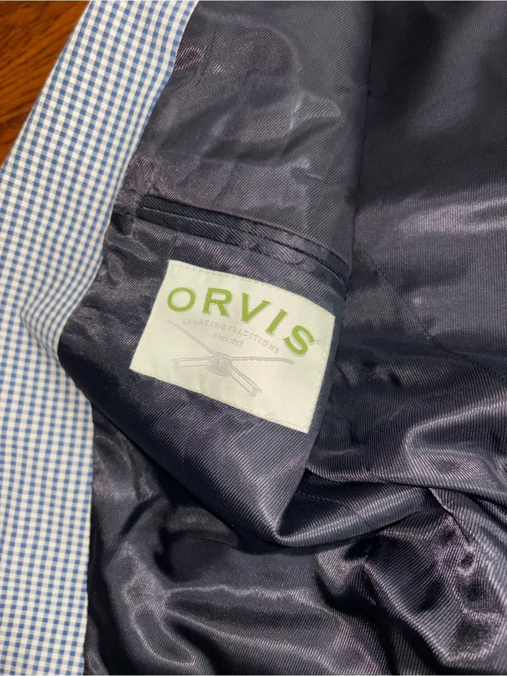 Orvis Sport Coat Navy Blue and White Gingham Plaid Dress Coat Size 40 R